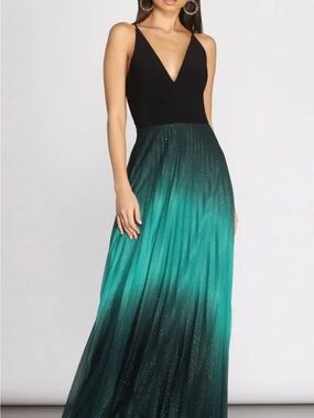 Betsy & Adam Black Bodice Teal Ombre Maxi Gown